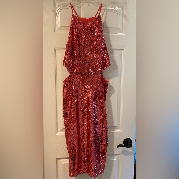 Donna Morgan Women’s Pink Sequin Maggie Halter Midi Dress Sleeveless New size 8 - Picture 5 of 16